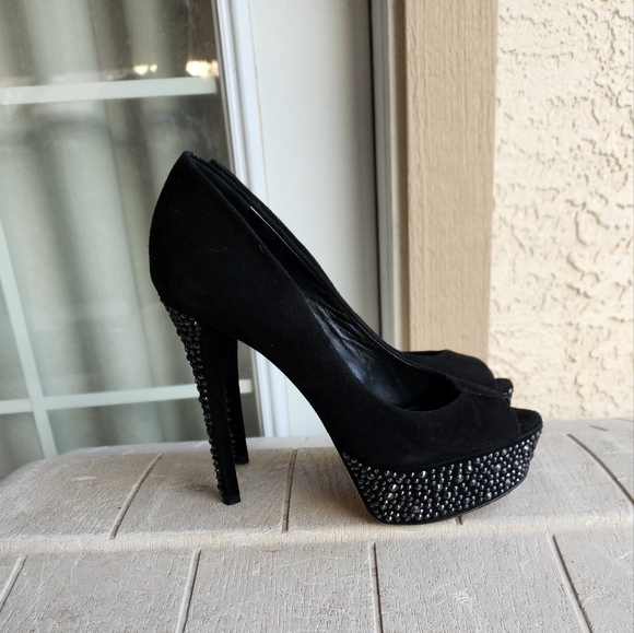 B Brian Atwood Black Suede Bea Crystal Studded Platform Pumps - Picture 6 of 9